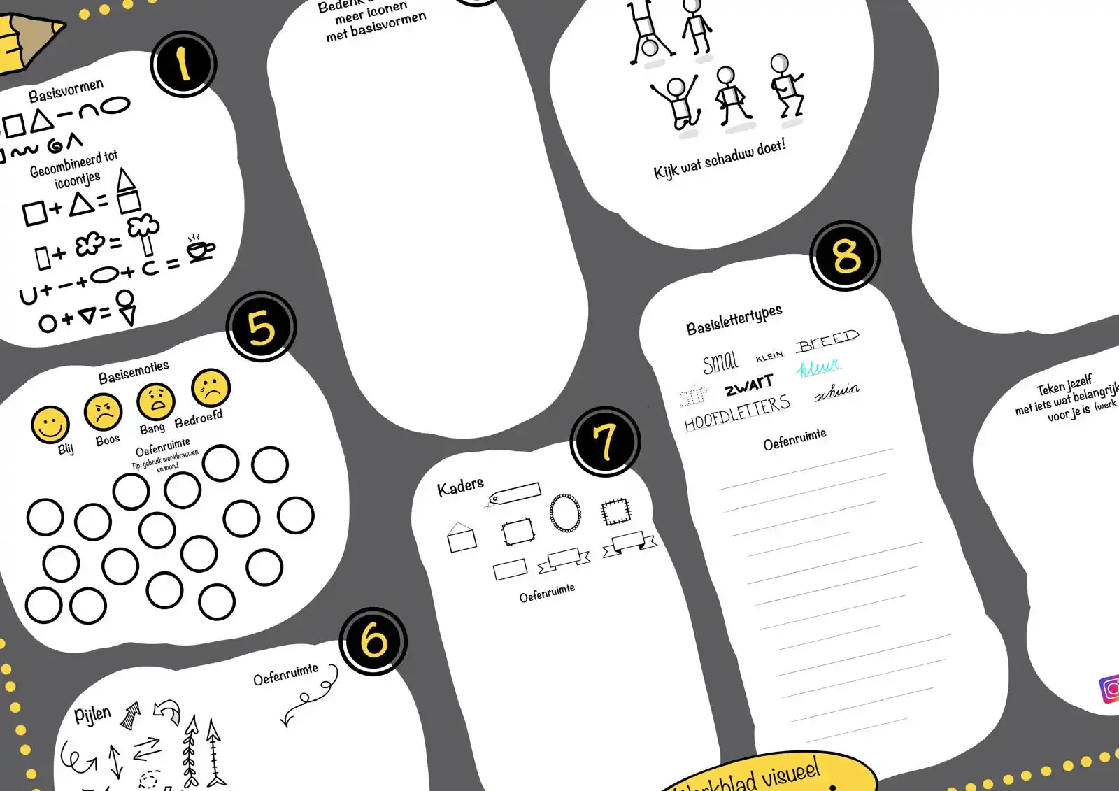 Werkblad Visueel Communiceren met oefeningen voor basisvormen, emoties, pijlen en kaders