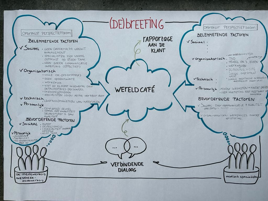 Visuele briefing met wereldcafe en perspectiefbomen over belemmerende en bevorderende factoren